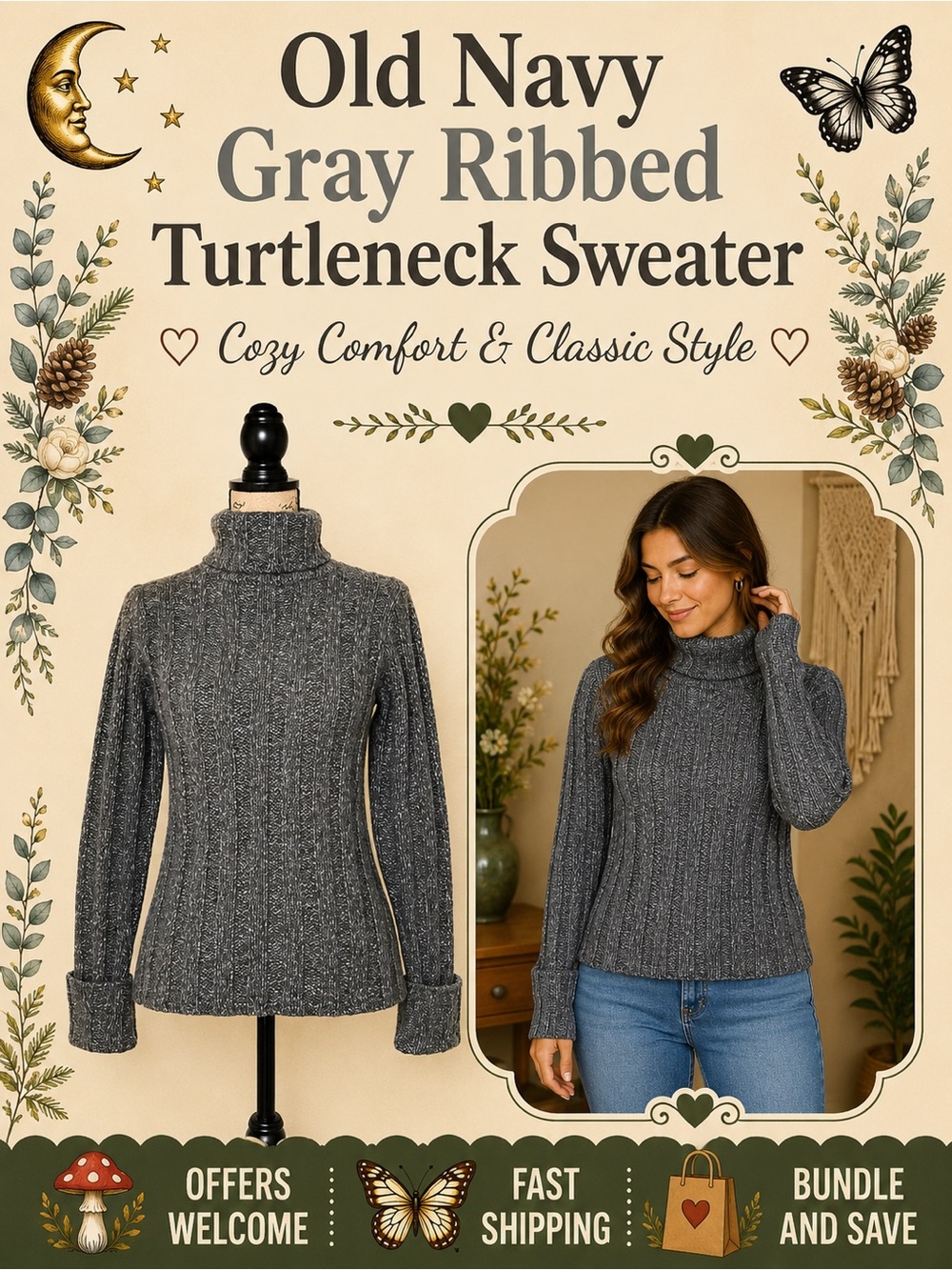 Old Navy Gray Ribbed Turtleneck Sweater Long Sleeve Knit Top Size S